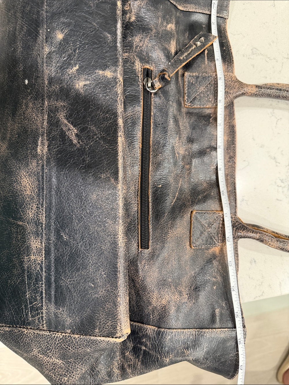 BED|STU Men's Distressed Leather Messenger Tote - Dark Brown - Picture 6 of 7
